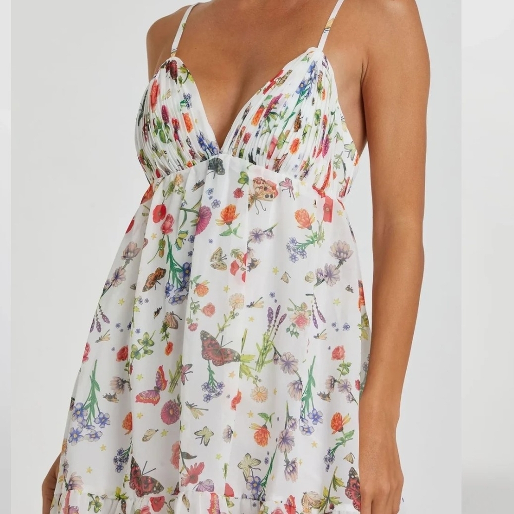 Mac Duggal White Butterfly Print Ruffle Hem Dress